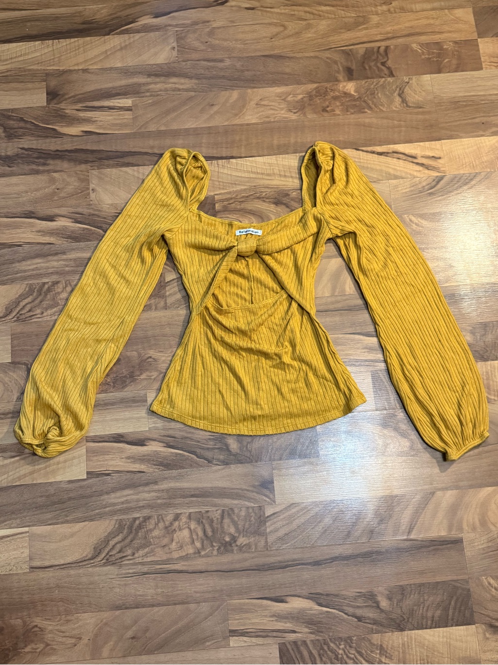 Reformation Mustard Ribbed Long-Sleeve Tie-Front Top